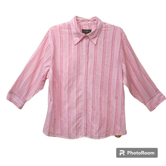 Eddie Bauer Tops - EB Women's Lightweight Cotton Button Down Pink Stripe Casual Shirt 3/4 Sleeve XL